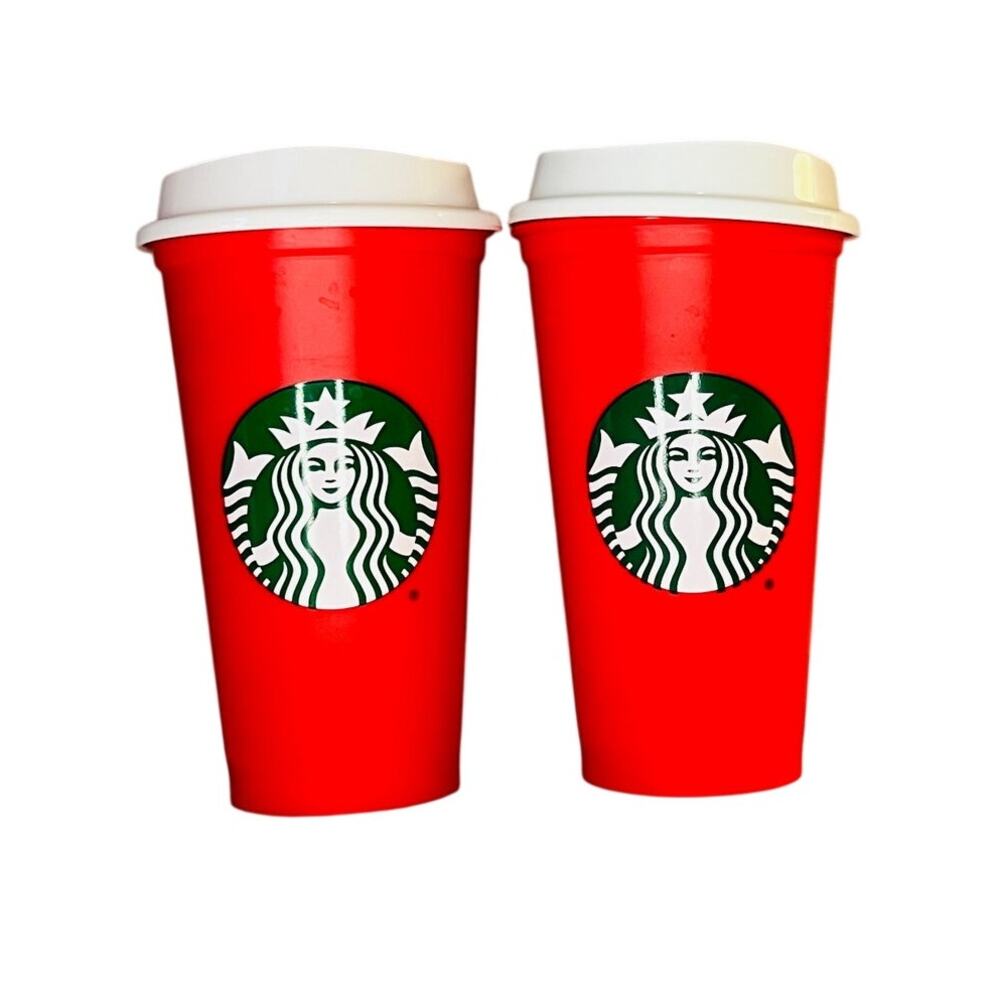 Starbucks 2018 Holiday Red Reusable Coffee Cup Set of 2 Plastic Travel Cups